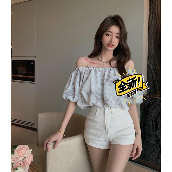 锁骨一字肩碎花上衣女设计感小众夏季短袖雪纺...