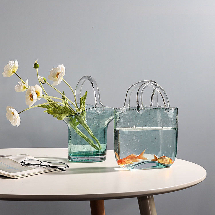 创意透明玻璃手提花瓶摆件插花水养轻奢餐桌装...