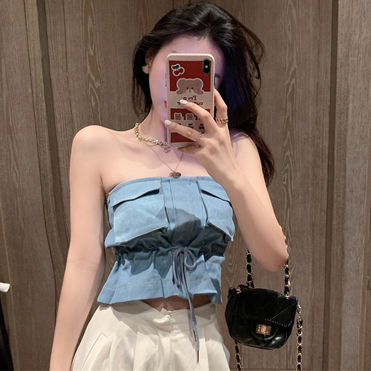 夏季ins韩版露肩抽绳牛仔裹胸上衣女性感小...