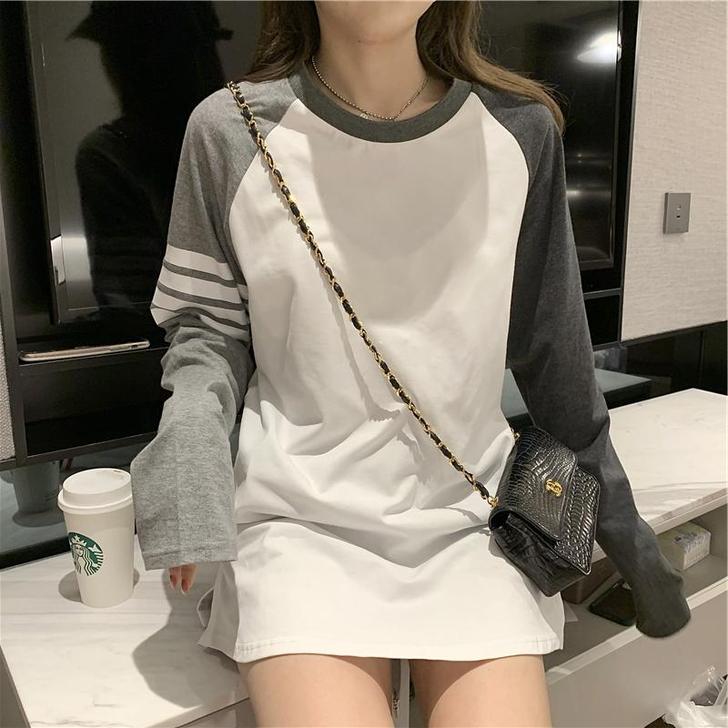 2021韩版新款简约拼色学生长袖T恤女秋休...