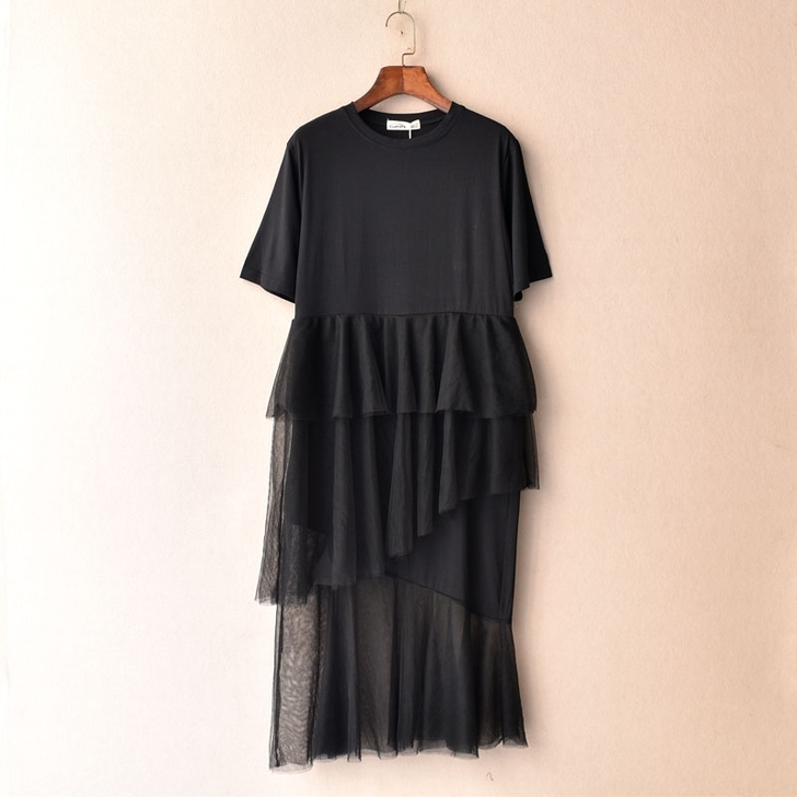 夏季纯棉网纱拼接蛋糕裙 休闲宽松短袖不规则...