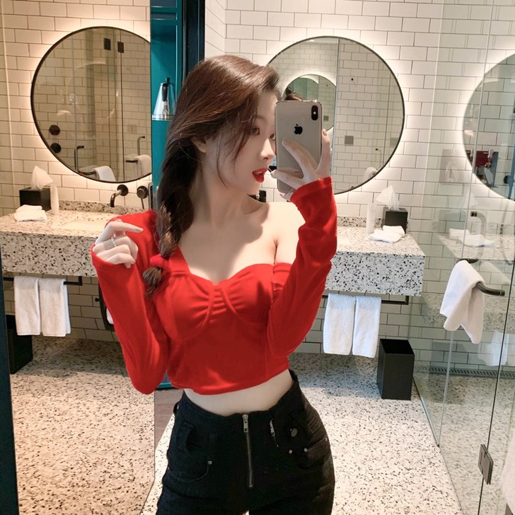 【暖衣季价】斜肩丝绒t恤女短款小众设计感2...