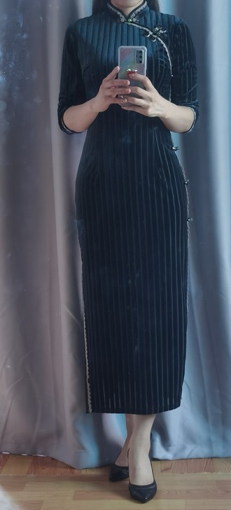 崔万志雀之恋墨蓝色竖条纹丝绒侧八扣蕾丝包边...