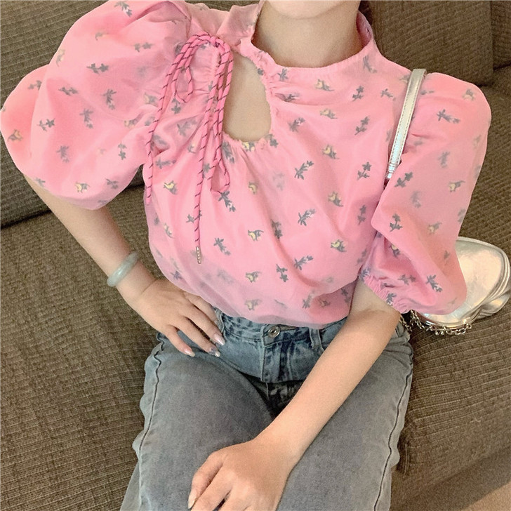 少女抽绳粉色衬衫女设计感小众泡泡袖短款法式...