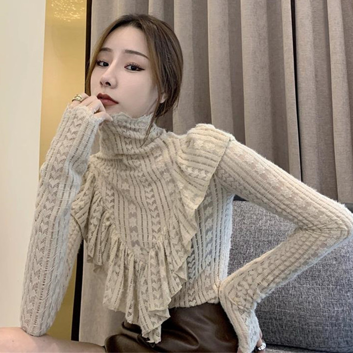 春秋外穿高领荷叶边长袖羊毛磨毛蕾丝衫洋气百...