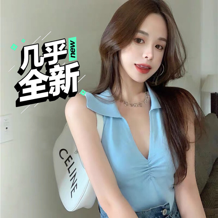 夏款复古翻领背心蓝色几乎全新，穿过一次。低...