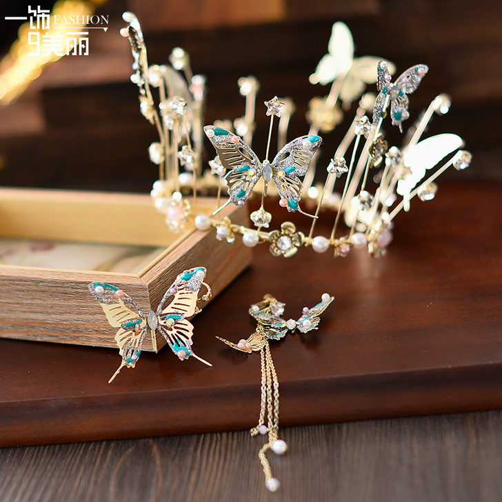 新娘头饰手工金色蝴蝶圆形头饰巴洛克皇冠影楼...