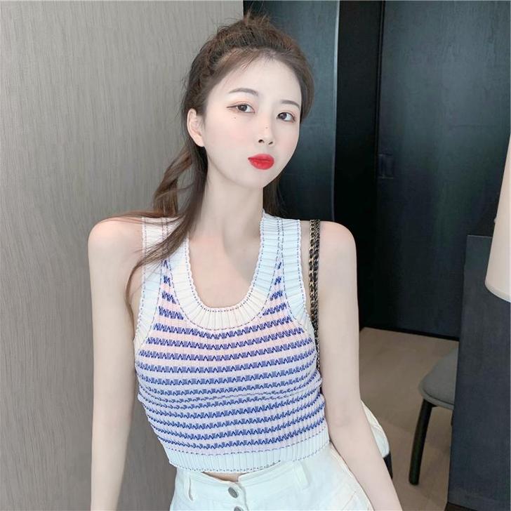 轻熟风针织撞色小背心2020夏季新款性感蓝...
