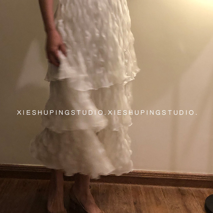 斜束瓶 仙气满满白色百褶压褶飘逸三层蛋糕裙...