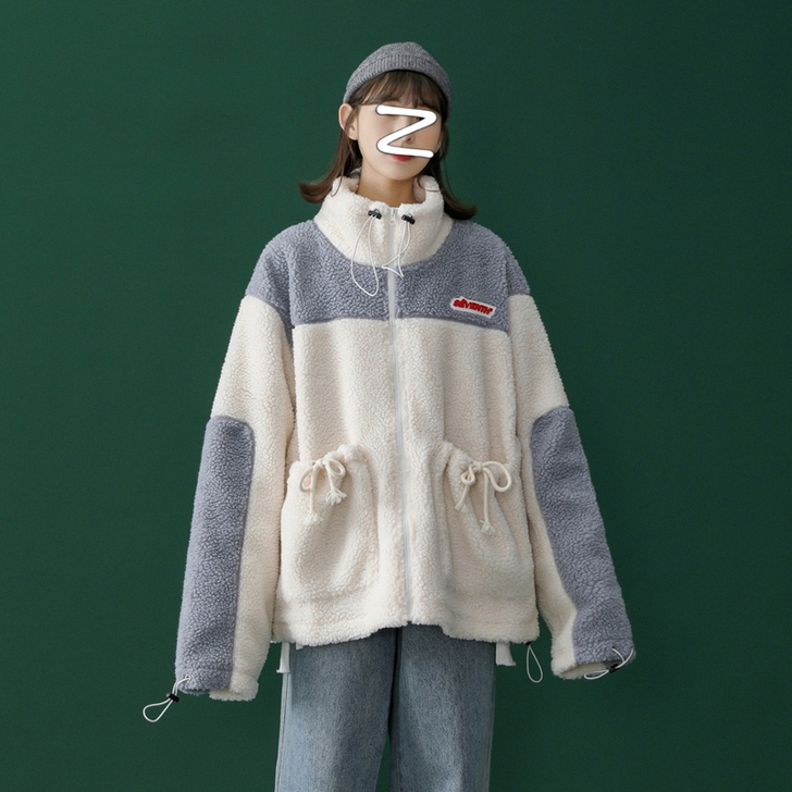 羊羔毛卫衣女秋冬加绒立领开衫外套韩版宽松b...