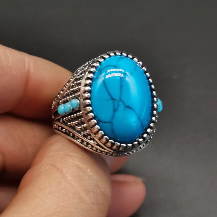 老藏银镶嵌绿松石戒指