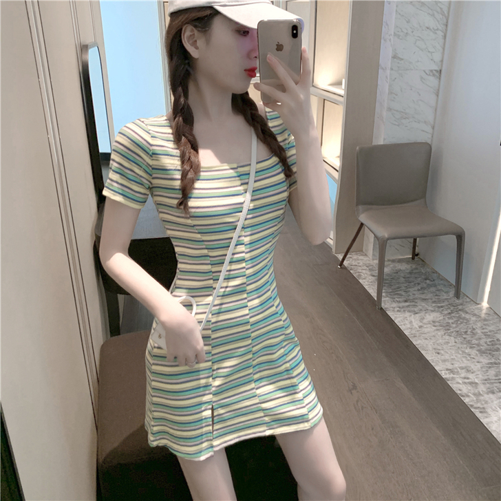 夏装2020年新款韩版时尚条纹坑条开叉收腰...