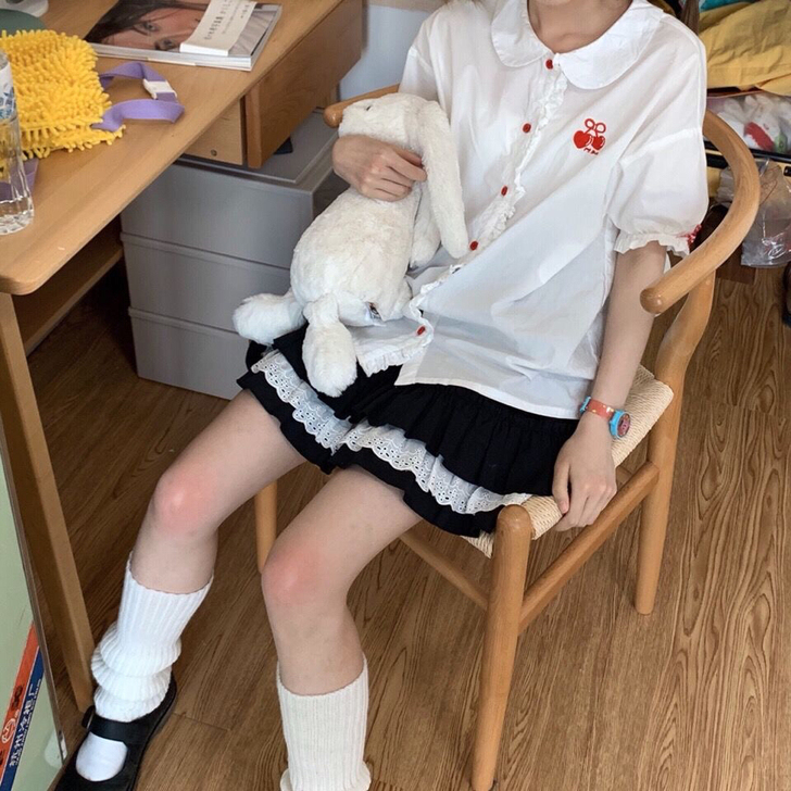 Popbus原创少女蕾丝显瘦高腰蛋糕裙半身...