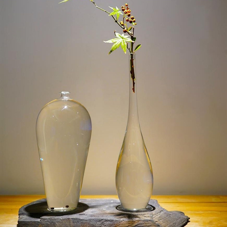 复古日式玻璃花瓶透明花器禅意中式插花器皿客...