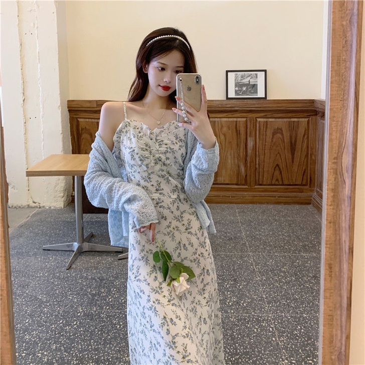 法式复古碎花吊带连衣裙套装女夏新款薄款