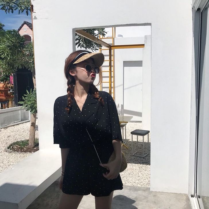 夏季韩国宽松V领短袖连体衣女西装波点碎花连...