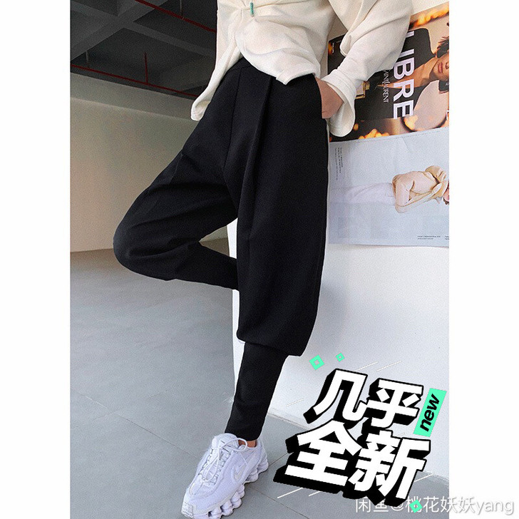 【地球店】黑色宽松休闲束脚哈伦裤女春秋新款...