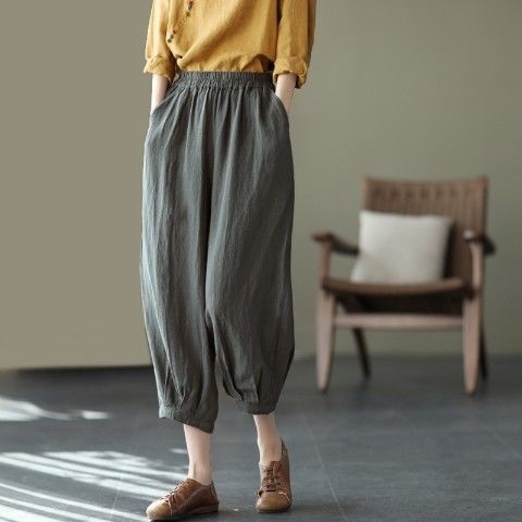 棉麻灯笼裤女夏季新款宽松大码显瘦阔腿压褶休...