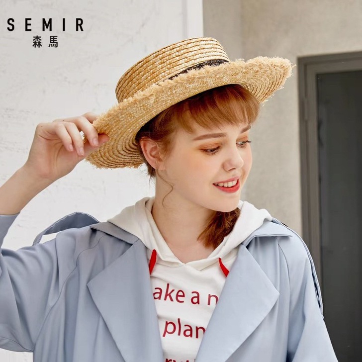 森马草帽新款中性清新蕾丝带帽子沙滩韩版平顶...