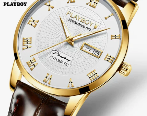 花花公子大表面全自动机械表防水皮带腕表男士...