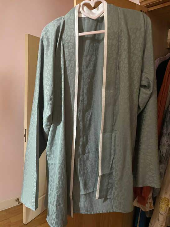 汉服宋制灰绿色窄袖褙子，对襟衫，直领，材质...