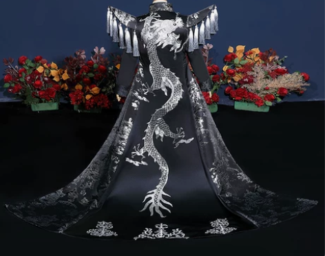 男童国潮黑银水墨盘龙模特走秀西服儿童中国风...