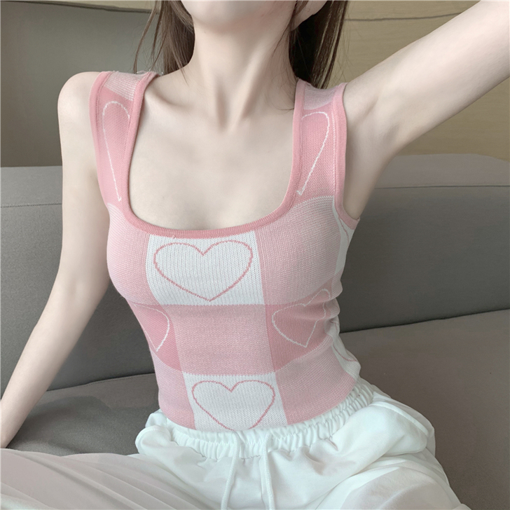 夏季新款韩版洋气ins撞色爱心甜美背心短袖...