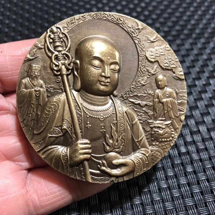 实心铜地藏王 牌子摆件黄铜地藏王菩萨佛像浮...