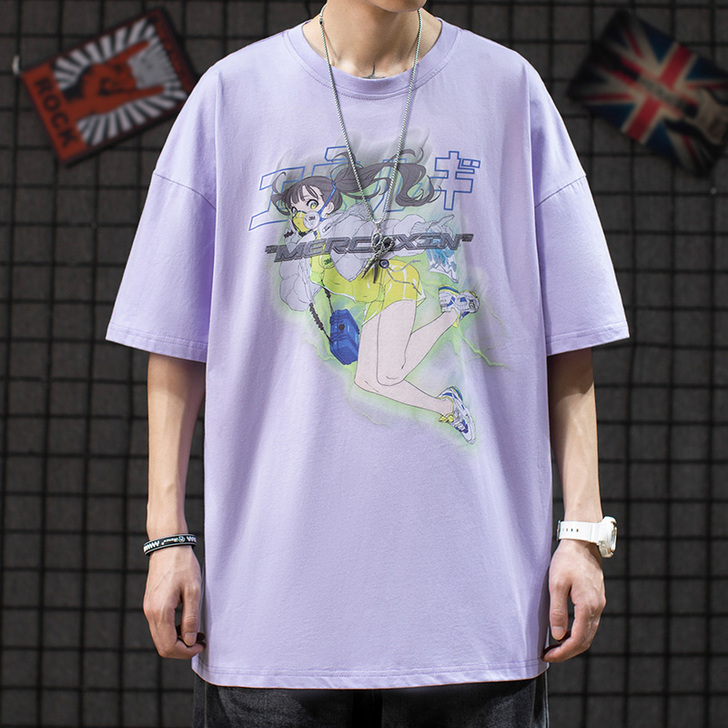 二次元高街丧系卡通动漫印花宽松T恤男ins...