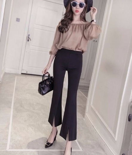 【清仓】高腰蕾丝微喇叭女黑大码休闲开叉九分...