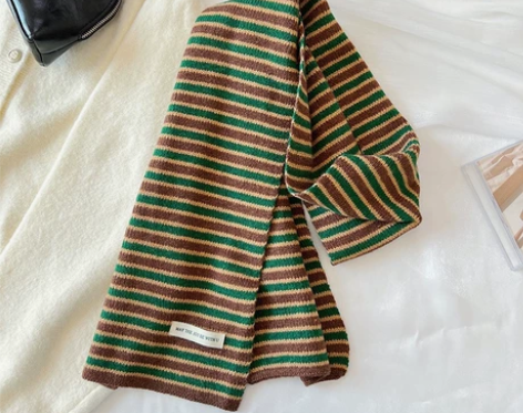 韩代同款aw围巾仿羊绒质感条纹撞色围巾保暖...