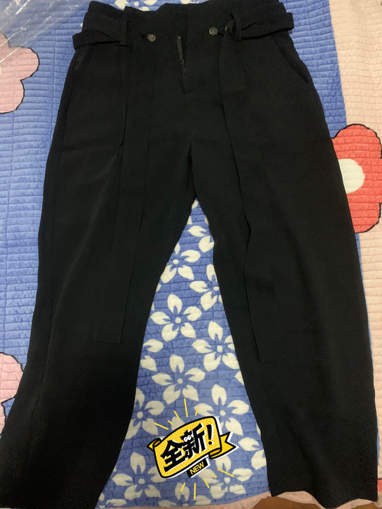 黑色雪纺高腰裤，8分裤，腰部系带，裤长82...