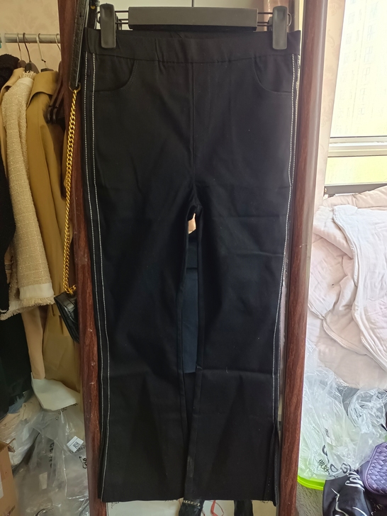全新梦梦家黑色弹力开叉高腰休闲裤弹力裤开叉...