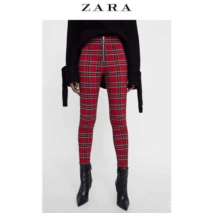 全新Zara拉链饰格子弹力紧身裤 L码