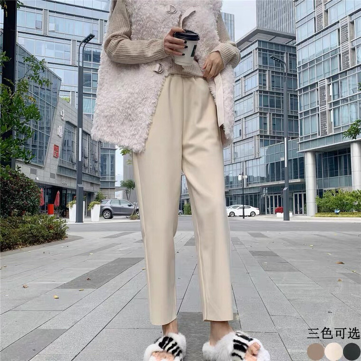 毛呢裤子春季九分裤哈伦裤宽松萝卜裤阔腿奶奶...