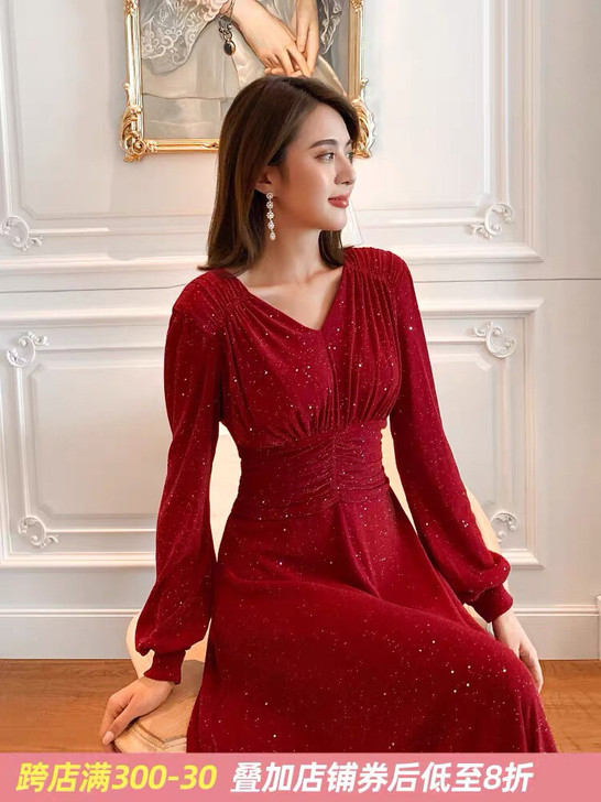 岛歌夫人法式复古连衣裙红色礼服长裙2021...