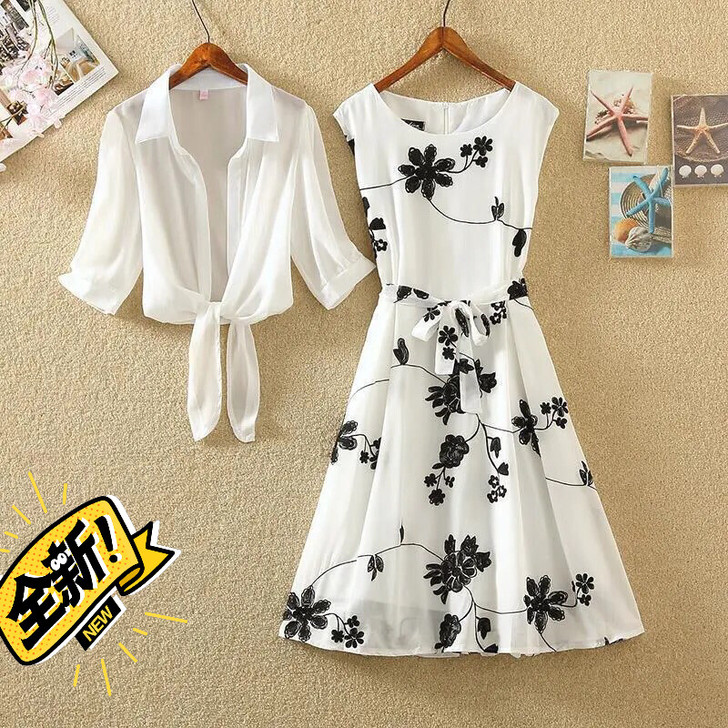 单件/套装夏新复古印花小黑裙高腰无袖显瘦A...