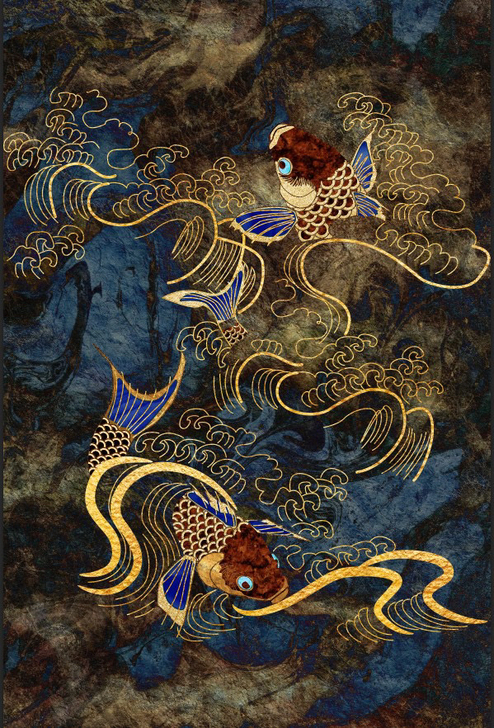 水墨抽象锦鲤线条金色招财鱼 油画作品  微...