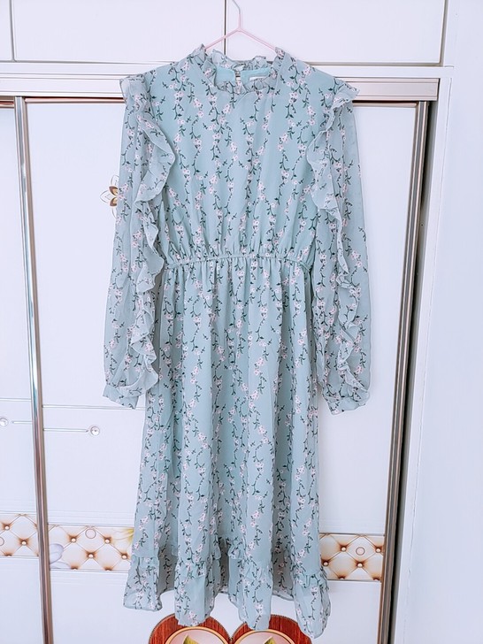 碎花长裙长袖新款女装荷叶边收腰港味复古##...
