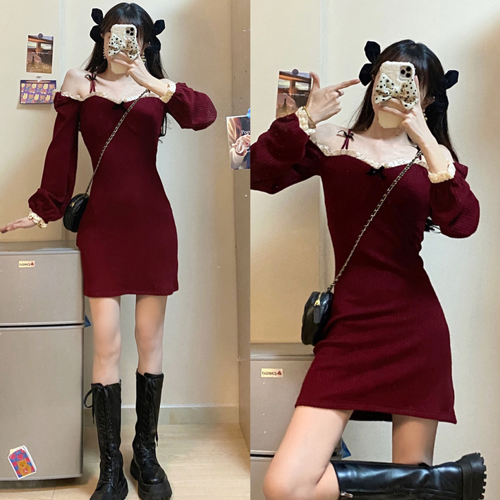 法式复古针织连衣裙女秋冬2020新款韩版收...