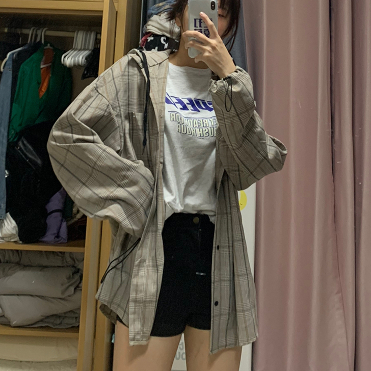 连帽格纹衬衫男款