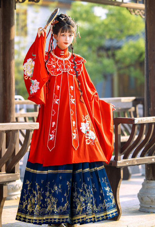 玉术原创汉服女花嫁织金马面裙墨子立领长衫斜...