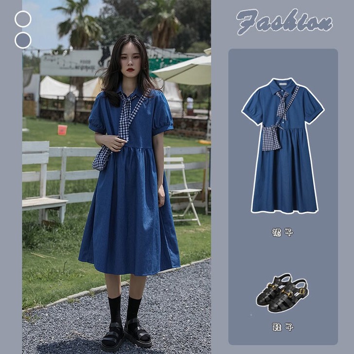 蓝色连衣裙套装女2021夏季新款泡泡袖裙子...