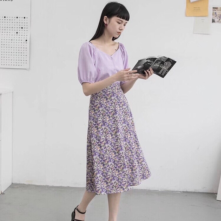 油画风碎花半身裙女夏新款雪纺小清新A字裙高...