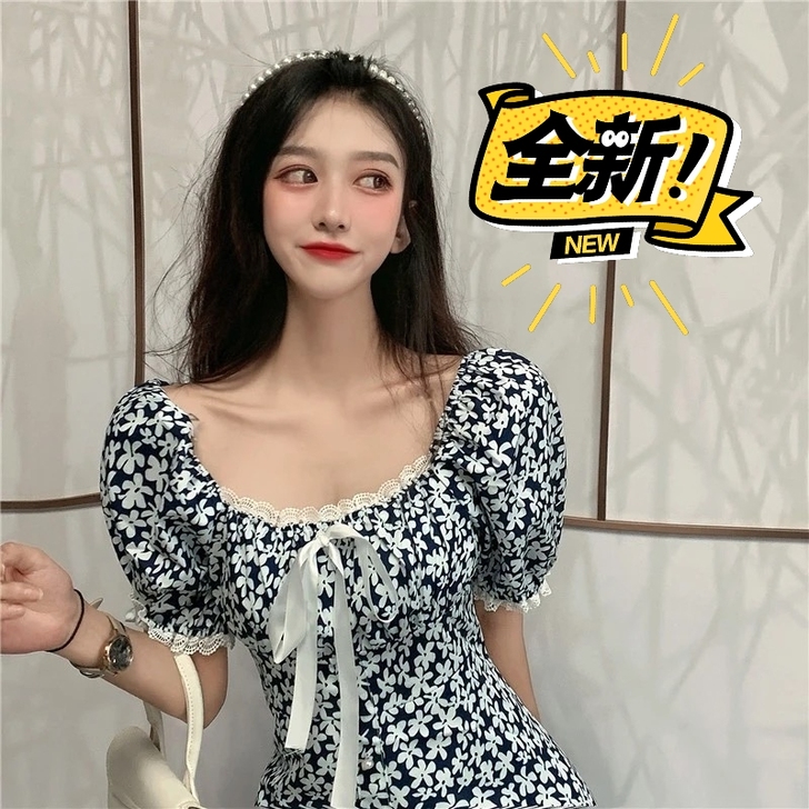 碎花连衣裙女夏季2021新款法式复古赫本风...