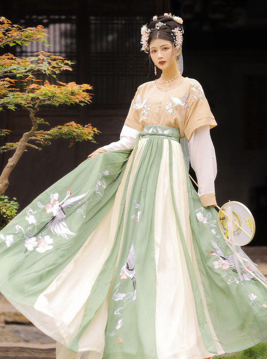 玉术汉服女幽风原创正品坦领齐腰儒裙春夏仙鹤...