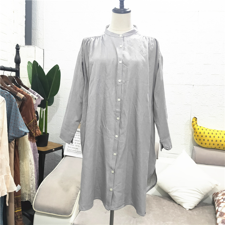 日系女装新款夏纯色立领单排扣气质棉麻长款衬...