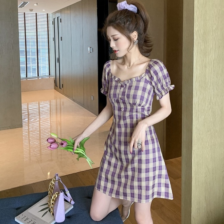 小个子桔梗初恋裙女夏季新款法式复古收腰显瘦...