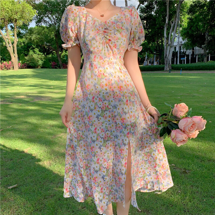 超美腻新款碎花裙莫奈油画裙子女法式茶歇裙开...