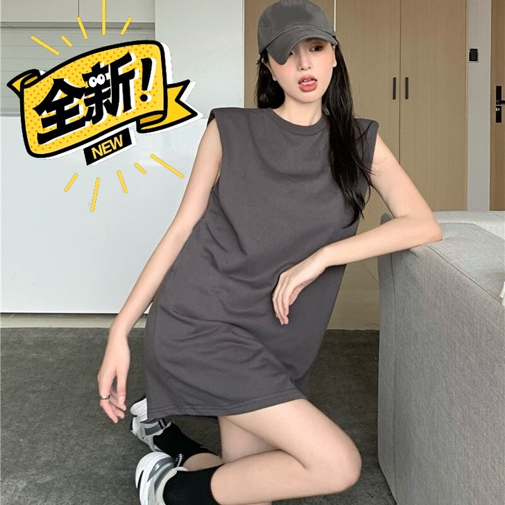 无袖连衣裙夏季韩版复古垫肩休闲T恤裙202...